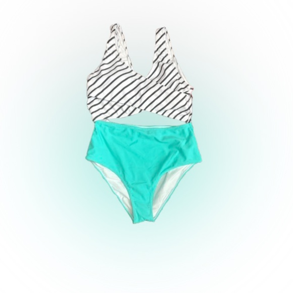 Pat Pat Women’s Striped Black/White Top with Teal Bottom Swimsuit One Piece Sz M - Picture 6 of 6